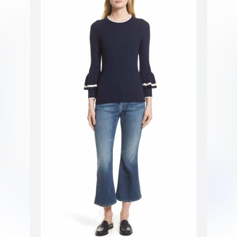 FRAME Double Ruffle Cuff Sweater in Navy - Size XS wool blend